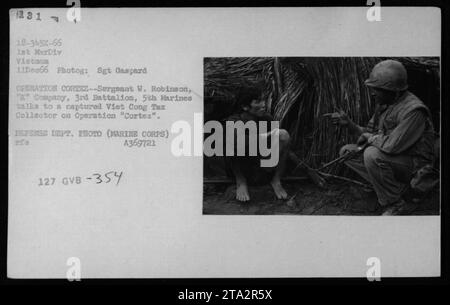 Le sergent W. Robinson, de la compagnie 'K', 3e bataillon, 5e Marines, est vu parler à un percepteur d'impôts Viet Cong qui a été capturé lors de l'opération 'Cortez' le 11 décembre 1966. Cette photographie a été prise par le Sgt Gaspard et fait partie de la collection du Département de la Défense. Banque D'Images