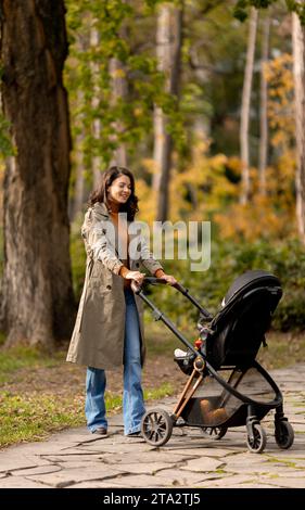 Jeune femme avec une petite fille mignonne dans la poussette de bébé au parc d'automne Banque D'Images