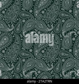 Modèle sans couture Monohcrome avec motifs Paisley sur fond vert foncé Illustration de Vecteur