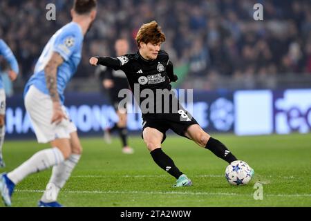 Rome, Italie. 28 novembre 2023. Kyogo Furuhashi du Celtic lors du match de football du Groupe E de la Ligue des Champions entre SS Lazio et Celtic au stade Olimpico de Rome (Italie), le 28 novembre 2023. Crédit : Insidefoto di andrea staccioli/Alamy Live News Banque D'Images