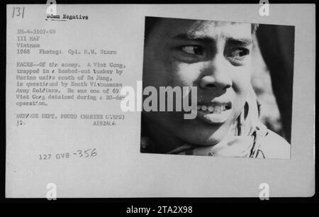 Soldats de l'armée sud-vietnamienne détenant un suspect Viet Cong pris au piège dans un bunker bombardé au sud de Da Nang, Vietnam en 1968. Au cours d'une opération de 20 jours, un total de 69 Viet Cong ont été capturés. Photographie prise par le caporal M.W. Starn. (Référence de la photographie : 3M-4-2107-68 III MAF Vietnam 1968, DEF7ASE DEPT. PHOTO) Banque D'Images