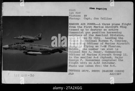 Vue composite d'un vol à trois avions de la First Marine Aircraft Wing pendant la guerre du Vietnam. Le vol, mené par le colonel Norman W. Courley, détruit une position communiste qui attaquait des soldats de la division américaine près de Tam Ky City. Les avions impliqués étaient un F-4B Phantom, un A-4 Skyhawk et un A-6a Intruder. Photo prise d'un A-6. DEPT. DÉFENSE PHOTO (MARINE CORPS) JLD A422387. Banque D'Images