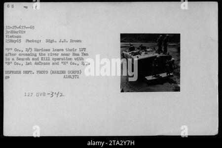 Les Marines de l'unité 2/3 débarquent de leur Landing Vehicle Tracked (LVT) après avoir traversé une rivière près de Nam yen au cours d'une opération de recherche et d'élimination le 25 mai 1965. L'opération est menée en coordination avec la compagnie 'C', 2/3 Marines, et le 1st Amphibious Tractor Battalion. Cette photographie a été prise par le SSgt. J.S. Brown et fait partie des archives du ministère de la Défense. Banque D'Images