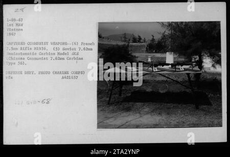 Légende : l'image montre une collection d'armes capturées lors de la guerre du Vietnam. Parmi eux, six fusils français 7,5 mm M1936 et cinq carabines semi-automatiques soviétiques 7,62 mm modèle SKS (carabine communiste chinoise 7,62 mm Type 56). Cette photo a été prise en 1967 par le ministère de la Défense comme document des activités militaires américaines pendant la guerre. Banque D'Images