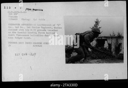 Un Marine américain de la compagnie 'K', 3e Bataillon, LET Marine Regiment, avance avec un lance-grenades M-79 lors de l'opération Badger Catch le 11 février 1968, au Vietnam. La Force spéciale de débarquement est engagée dans le combat avec un bataillon nord-vietnamien. Cette photographie a été prise par le Cpl Wolfs et provient de la collection du Département de la Défense des États-Unis. Banque D'Images