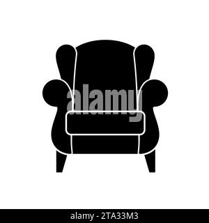 Icône de fauteuil confortable noir isolé sur fond blanc. Partie de l'intérieur d'un salon ou d'un bureau. Meubles moelleux pour le repos et la détente. Illustration de Vecteur