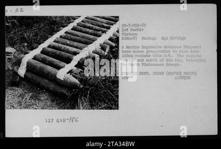 Une équipe Marine explosive Ordnance Disposal se prépare à faire exploser des roquettes de 102 mm avec C-b. Les roquettes ont été découvertes au nord de Gin Lin et appartenaient aux troupes nord-vietnamiennes pendant la guerre du Vietnam. Cette photo a été prise le 21 mars 1967 par Set HcVeigh dans le cadre des activités de la 3e Division des Marines. DEPT. DÉFENSE PHOTO (MAPLE CORPS) A188578. Banque D'Images