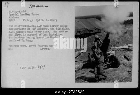 Les Marines de la batterie 'W', 3e bataillon, 11e Marines couvrent leurs oreilles alors qu'un obusier de 4,2 pouces est tiré en soutien au 2e bataillon, 7e Marines pendant l'opération Meade River, près de Da Nang au Vietnam. Le son assourdissant de l'obusier peut être vu causant l'inconfort aux Marines. Banque D'Images