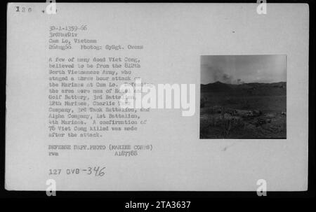 Image montrant plusieurs soldats Viet Cong morts qui seraient de la 812e armée nord-vietnamienne. Les soldats ont attaqué les Marines à Cam Lo, Vietnam pendant trois heures. Défendant la zone étaient des membres de l'Hôtel et de la batterie de golf, 3e Bataillon, 12e Marines, Charlie Tank Company, 3e Bataillon Tank, et Alpha Company, 1e Bataillon, 4e Marines. L'attaque a entraîné la mort confirmée de 76 soldats Viet Cong." Banque D'Images