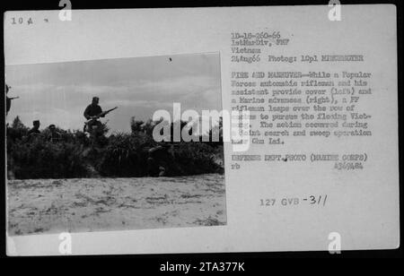 Les soldats de l'ARVN (Armée de la République du Vietnam) s'engagent dans des tactiques de tir et de manœuvre lors d'une opération conjointe de recherche et de balayage près de Chu Lai le 24 août 1966. Avec des soldats des Forces populaires fournissant une couverture, un Marine avance tandis qu'un tireur de relations publiques saute sur des cactus pour poursuivre les soldats Viet Cong en retraite. Banque D'Images