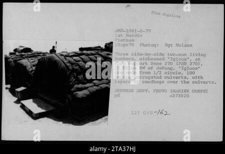 Trois bunkers à deux hommes côte à côte, connus sous le nom de « iGloos », à la base d'appui-feu 270 (FSB 270), ont été capturés sur cette photographie de 1970. Les « iGloos » ont été fabriqués à partir de ponceaux ondulés à 180 degrés recouverts de sacs de sable pour une protection supplémentaire. Ces structures ont fourni un abri pour le personnel stationné au FSB 270 pendant la guerre du Vietnam. Banque D'Images