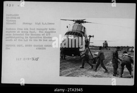 Les Marines de la LSA chargent des hélicoptères de ravitaillement avec des fournitures destinées aux Marines de 2/7 participant à l'opération Sierra au sud de Chu Lei dans la région de Mo Duc. La photo a été prise le 18 décembre 1966 à Quang Ngai par le Lcpl R.A.Loves. Banque D'Images