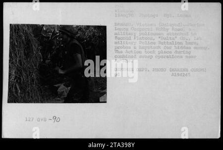 Le caporal Bobby Rose, un policier militaire attaché au deuxième peloton, 'Delta' Co., 1st Military police Battalion, fouille une botte de foin à la recherche d'ennemis cachés lors d'opérations de balayage combinées près d'an Khe au Vietnam. Cette photographie a été prise le 19 août 1970 par le sergent Looss. Département de la défense Photo (corps des Marines), pd A194245. Banque D'Images