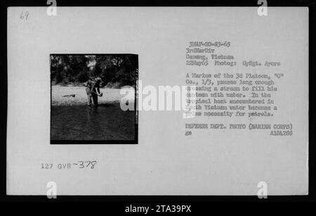 Soldat de marine traversant le ruisseau pour remplir la cantine pendant la guerre du Vietnam, 22 mai 1965. En réponse à la chaleur tropicale au Sud-Vietnam, l'accès à l'eau potable est devenu vital pour les opérations militaires. L'image montre un marin du peloton 3d, faisant preuve de prudence lorsqu'il traverse le ruisseau pour se réapprovisionner en eau. Photo de Gysgt. Ayers. DEPT. DÉFENSE PHOTO (MARINE CORPS) A184,286' Banque D'Images