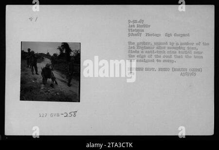 Un membre de l'équipe de balayage de mines du 1e ingénieur utilise une sonde pour localiser une mine antichar enterrée près du bord de la route lors d'activités militaires au Vietnam, le 9 janvier 1967. Photographie prise par le sergent Gaspard de la 1e Division des Marines. Image reproduite avec l'aimable autorisation du ministère de la Défense. Banque D'Images