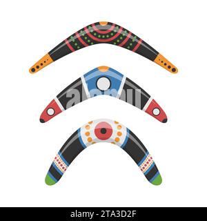 Boomerang traditionnel en bois de différentes formes icônes ensemble isolé sur fond blanc. Arme de chasse et de sport australienne. Bois aborigène Illustration de Vecteur