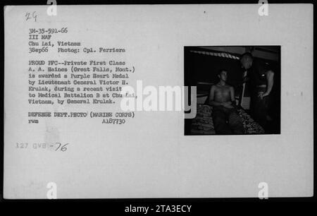 Le PFC A. A. Haines de Great Falls, Montana, reçoit la Médaille Purple Heart du lieutenant-général Victor H. Krulak lors d’une visite au Bataillon médical B à Chu Lai, Vietnam. La cérémonie a eu lieu le 3 septembre 1966. Cette photographie a été prise par le Cpl Ferriera FROUD CPF. Banque D'Images