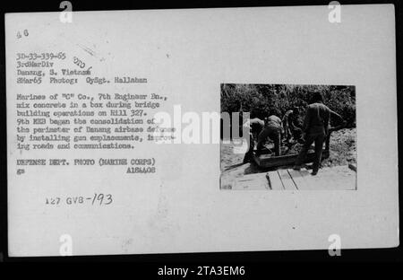 Marines de 'C' Co., 7e ingénieur en. Mélanger du béton dans une boîte pendant les opérations de construction de ponts sur la colline 327 à Danang, au Sud-Vietnam, le 8 mars 1965. La 9e brigade expéditionnaire des Marines (MEB) travaille à la consolidation du périmètre de défense de la base aérienne de Danang par l'installation d'emplacements d'armes à feu, l'amélioration des routes et l'amélioration des communications. Cette photographie a été prise par GySgt. Hallahan. Banque D'Images