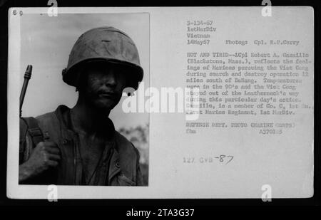 Le Lcpl Robert A. Gazaillo, stationné au Vietnam le 14 mai 1967, est photographié lors d'une opération de recherche et de destruction au sud de Danang. Le temps chaud et humide, atteignant des températures dans les années 90, ajoute aux difficultés rencontrées par les Marines qui combattent le Viet Cong. Cette action spécifique n'a vu aucun contact avec l'ennemi. Gazaillo appartient à la compagnie C, 1e bataillon du génie, 1e division des Marines. Banque D'Images