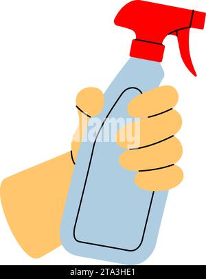 Main avec spray antibactérien. Nettoyage de l'outil d'entretien. Équipement de service d'entretien ménager. Illustration vectorielle. Illustration de Vecteur