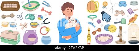 Accessoires pour animaux de compagnie. Ensemble de fournitures pour animaux. Oreiller de couchage, jouet à mâcher, jouets, médaille, ciseaux, coupe-ongles, brosse, décapant de fourrure, aquarium, porte-sac à dos Illustration de Vecteur