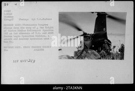 Les Rangers vietnamiens évacuent rapidement d'un hélicoptère Sea Knight du Marine Medium Helicopter Squadron 165 lors de l'opération Cochise, une mission de recherche et de destruction à l'ouest de Tam Ky, Vietnam. L'opération impliqua les efforts combinés des forces américaines et de l'ARVH. La photo a été prise le 13 août 1967 par le Sgt 1.R.Jackson du Département de la Défense des États-Unis. Banque D'Images