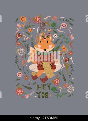 Jolie illustration avec tricot de renard rouge, oiseaux drôles sur la tête, fleurs et feuilles autour. Conception vectorielle parfaite pour les affiches, les cartes de vœux et divers projets créatifs. Vecteur. Illustration de Vecteur