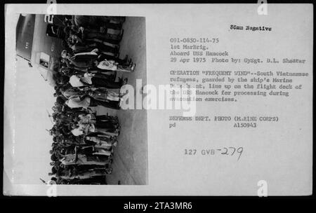 Les réfugiés sud-vietnamiens, gardés par le détachement des Marines du navire, s'alignent sur le pont d'envol de l'USS Hancock pour être traités pendant les exercices d'évacuation. Cette photo a été prise lors de l'opération vent fréquent le 29 avril 1975, dans le cadre de l'évacuation de Phnom Penh et Saigon. L'image a été capturée par GySgt. D.L. Shearer. Banque D'Images