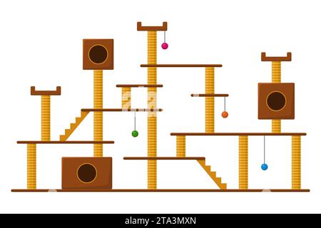 Tour de chat et poteau de grattage isolé sur fond blanc. Grand complexe de maisons pour chats avec abris. Accessoires pour aire de jeux pour chats Illustration de Vecteur