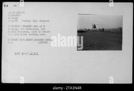 Des membres de la compagnie K, 3e bataillon, 1e régiment de Marines, sécurisent une zone d'atterrissage d'hélicoptère le 30 avril 1966 au Vietnam. L'image montre des hélicoptères UH-34 du 222e bataillon d'aviation. Photo prise par le caporal Gaspard des Marines. Banque D'Images