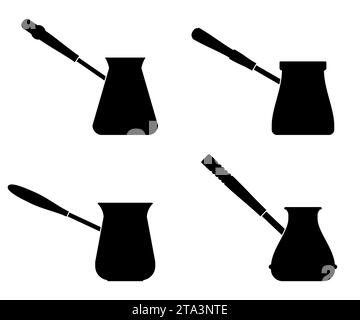 Coffee cezve Set icônes isolé sur fond blanc. Bol avec une poignée pour faire du café sur la cuisinière. Pots turcs de café. Cafetière tirée à la main Illustration de Vecteur