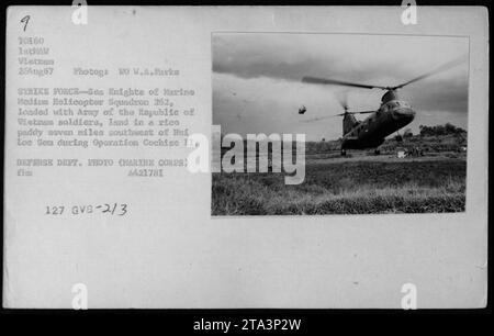 Le Marine Medium Helicopter Squadron 262 participe à l'opération Cochise II, telle que capturée sur cette photographie le 26 août 1967 pendant la guerre du Vietnam. Les Sea Knights, chargés de soldats de l'armée de la République du Vietnam, débarquent dans une rizière à sept miles au sud-ouest de Nut Loc Som. Banque D'Images