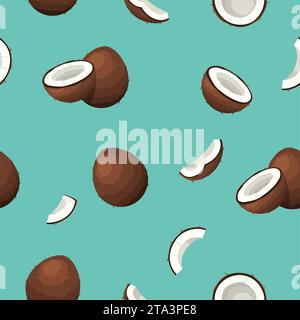 Modèle sans couture avec des segments de fruits de coco et de noix, moitié, fond de tranche coupée. Fruits d'été pour un mode de vie sain. Nourriture tropicale, bio naturel Illustration de Vecteur
