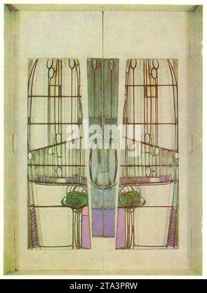 Charles Rennie Mackintosh, porte pour « Room de luxe », 1904, Glasgow. Charles Rennie Mackintosh (7 juin 1868 – 10 décembre 1928) est un architecte, designer, aquarelliste et artiste écossais. Son approche artistique avait beaucoup en commun avec le symbolisme européen. Son travail, aux côtés de celui de son épouse Margaret Macdonald, a eu une influence sur les mouvements de design européens tels que l'Art nouveau et le sécessionnisme et a été salué par de grands modernistes tels que Josef Hoffmann. Mackintosh est né à Glasgow et est mort à Londres. Il est parmi les figures les plus importantes du style moderne (style Art Nouveau britannique). Banque D'Images