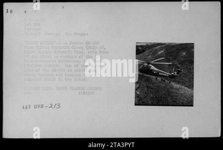 Titre : un hélicoptère UH-34D mène une opération de reconnaissance au Vietnam (13 juin 1967) Description : un hélicoptère UH-34D du Marine Aircraft Group (MAG)-16, First Marine Aircraft Wing, atterrit sur une roue alors que le personnel du 3e bataillon de reconnaissance, 3e division des Marines, débarque sur une roue. Cette scène dépeint le rôle vital joué par les hélicoptères UH-34D dans le transport aérien et le réapprovisionnement du personnel de reconnaissance des Marines au cours des opérations militaires actives au Vietnam. Photo du Cpl Campau, 23 janvier 1967. Banque D'Images