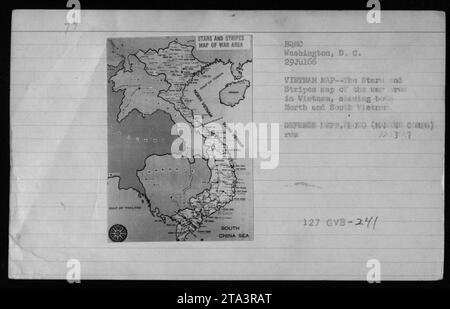 Une carte du Vietnam montrant la zone de guerre avec le Nord et le Sud Vietnam étiquetés avec le golfe de Thaïlande, le golfe du Tonkin, la mer de Chine méridionale et la ville de Hanan. La carte a été publiée par le journal Stars and Stripes et peut être datée du 29 juillet 1966. Fourni par le Département de la Défense. Banque D'Images