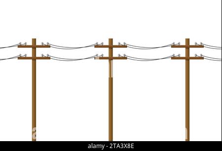 Pôle électrique isolé sur fond blanc. Lignes électriques en bois, transmission d'énergie électrique. Concept d'électricité de poteau de service public. Câbles haute tension Illustration de Vecteur