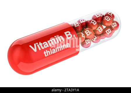 Capsule avec B1, thiamine. Rendu 3D isolé sur fond blanc Banque D'Images