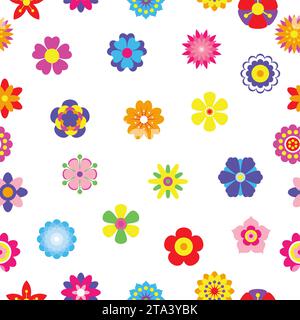 Fond de motif sans couture de fleurs de printemps. Icônes florales colorées simples dans des couleurs vives. Collection de silhouette de fleur décorative. Illustration de Vecteur