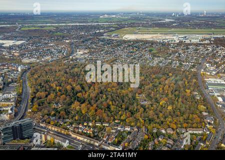 Luftbild, Nordfriedhof Düsseldorf mit Friedhof der Jüdischen Gemeinde Düsseldorf K.d.ö.R., Wohngebiet Unterrath, hinten der Flughafen Düsseldorf Airport, umgeben von herbstlichen Laubbäumen, Derendorf, Düsseldorf, Rheinland, Rhénanie-du-Nord-Westfalen, Deutschland ACHTUNGxMINDESTHONORARx60xEURO *** vue aérienne, cimetière nord Düsseldorf avec cimetière de la communauté juive Düsseldorf K d ö R , quartier résidentiel Unterrath, derrière l'aéroport Düsseldorf aéroport, entouré d'arbres caduques automnaux, Derendorf, Düsseldorf, Rhénanie, Rhénanie du Nord-Westphalie, Allemagne ACHTUNGxMINDESTHONORARx60xEURO Banque D'Images