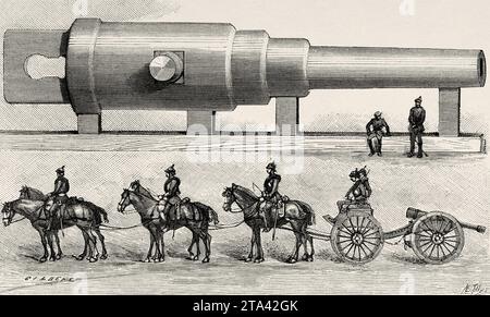 Canon Krupp de 143 000 kilogrammes, 16 mètres de long au premier plan une muselière allemande, attelée à 6 chevaux, est représentée à la même échelle. Illustration ancienne de la nature 1887 Banque D'Images