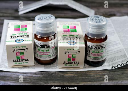 Le Caire, Égypte, novembre 6 2023 : Alzental 20 mg par mL suspension ( Albendazole ) flacon de 20 mL, anthelminthique à large spectre, pour entérobiase, Ascariasi Banque D'Images