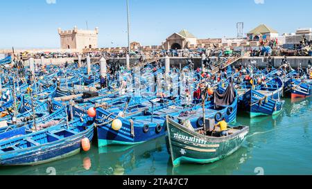 Essaouira, Maroc - 17 septembre 2022 : pêcheurs à bord de bateaux de pêche bleus amarrés au port d'Essaouira. Les bateaux de pêche bordent le port, amenant dans la da Banque D'Images