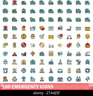 100 icônes d'urgence définies. Ligne de couleur ensemble d'icônes de vecteur d'urgence couleur de ligne mince plat sur blanc Illustration de Vecteur
