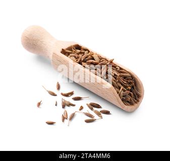 Cuillère de graines de carvi aromatique (cumin perse) isolées sur blanc Banque D'Images