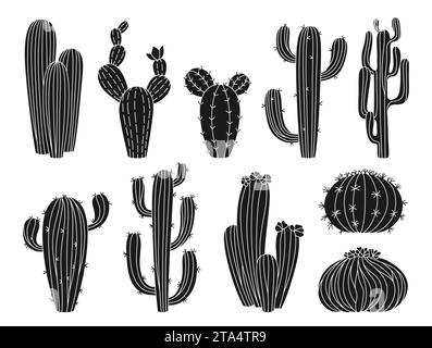 Ensemble de plantes de silhouette exotiques dessinées à la main de cactus. Collection succulente gravure tendance isolée. Scrapbook botanique contour des cactus du désert. Illustration de gravure de jungle vectorielle de forme occidentale du Mexique Illustration de Vecteur