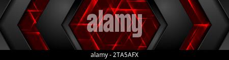 Fond hexagonal néon lumineux noir et rouge. Conception de bannière de vecteur de technologie Illustration de Vecteur