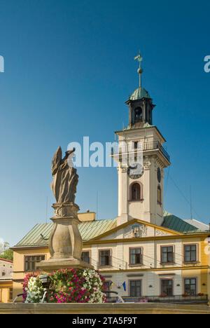 Statue de St Florian et tour de la mairie à Rynek (place du marché) à Cieszyn, Śląskie, Pologne Banque D'Images