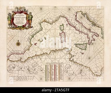 Ancienne carte de la Méditerranée occidentale. Par GOOS, publ. À Amsterdam, 1672 Banque D'Images