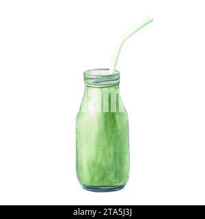 Smoothie vert dans un bocal en verre avec paille. Illustration aquarelle isolée sur fond blanc. Pour étiquette de menu clip art Banque D'Images